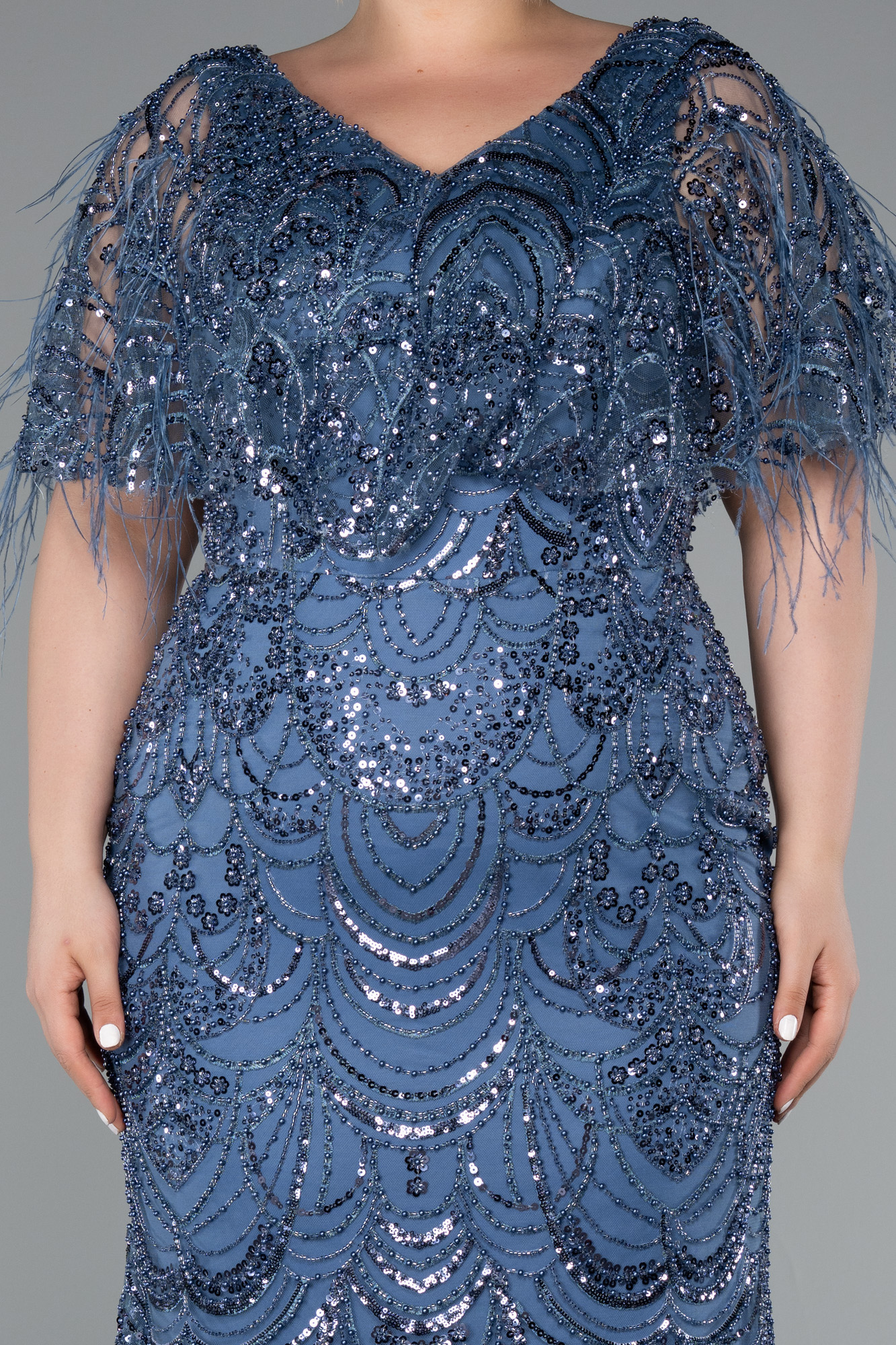 İndigo Kısa Kol V Yaka Boncuklu Uzun Büyük Beden Abiye ABU4950 - Görsel 3