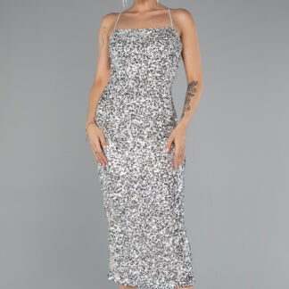 Vizon Askılı Midi Pullu Gece Elbisesi ABK2223