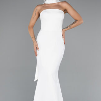 Ekru Straplez Şal Aksesuarlı Uzun Balık Abiye Elbise ABU5097