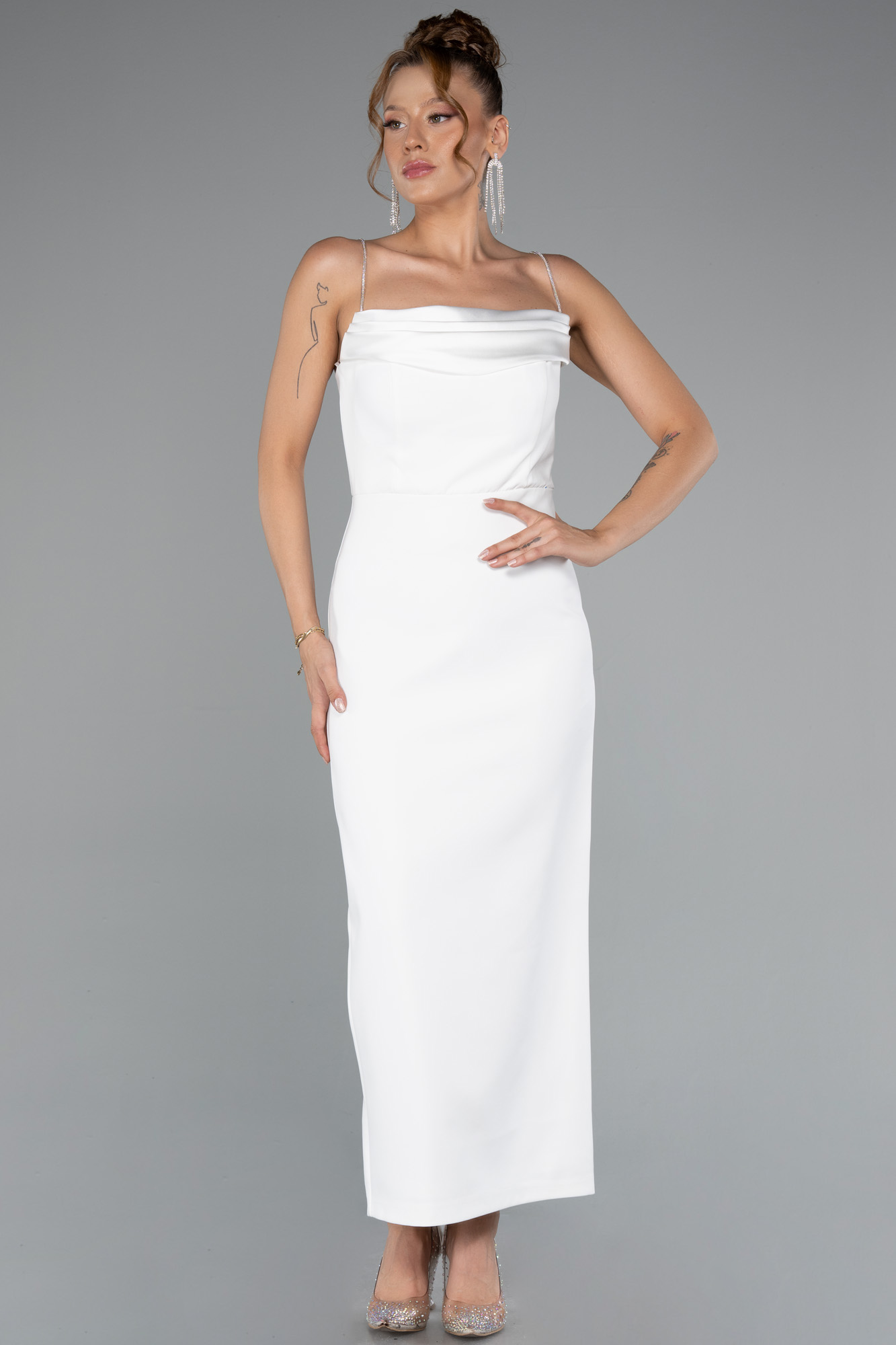 Ekru Askılı Midi Davet Elbisesi ABK2384