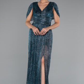 Petrol Yeşili Kısa Kol Bacak Dekolteli Uzun Simli Abiye ABU5098