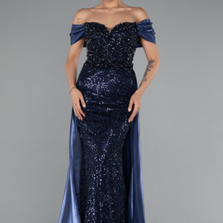 Lacivert Kayık Yaka Uzun Taşlı Özel Tasarım Abiye ABU5099