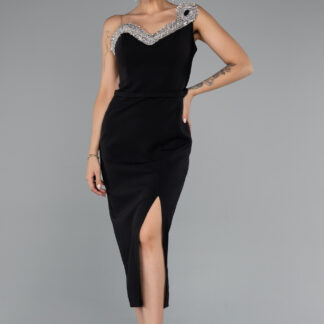 Siyah Taşlı Tek Omuz Yırtmaçlı Midi Davet Elbisesi ABK2385