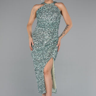 Mint Halter Yaka Yırtmaçlı Midi Pullu Gece Elbisesi ABK2386