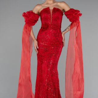 Kırmızı Straplez Uzun Dantel Özel Tasarım Abiye ABU5102