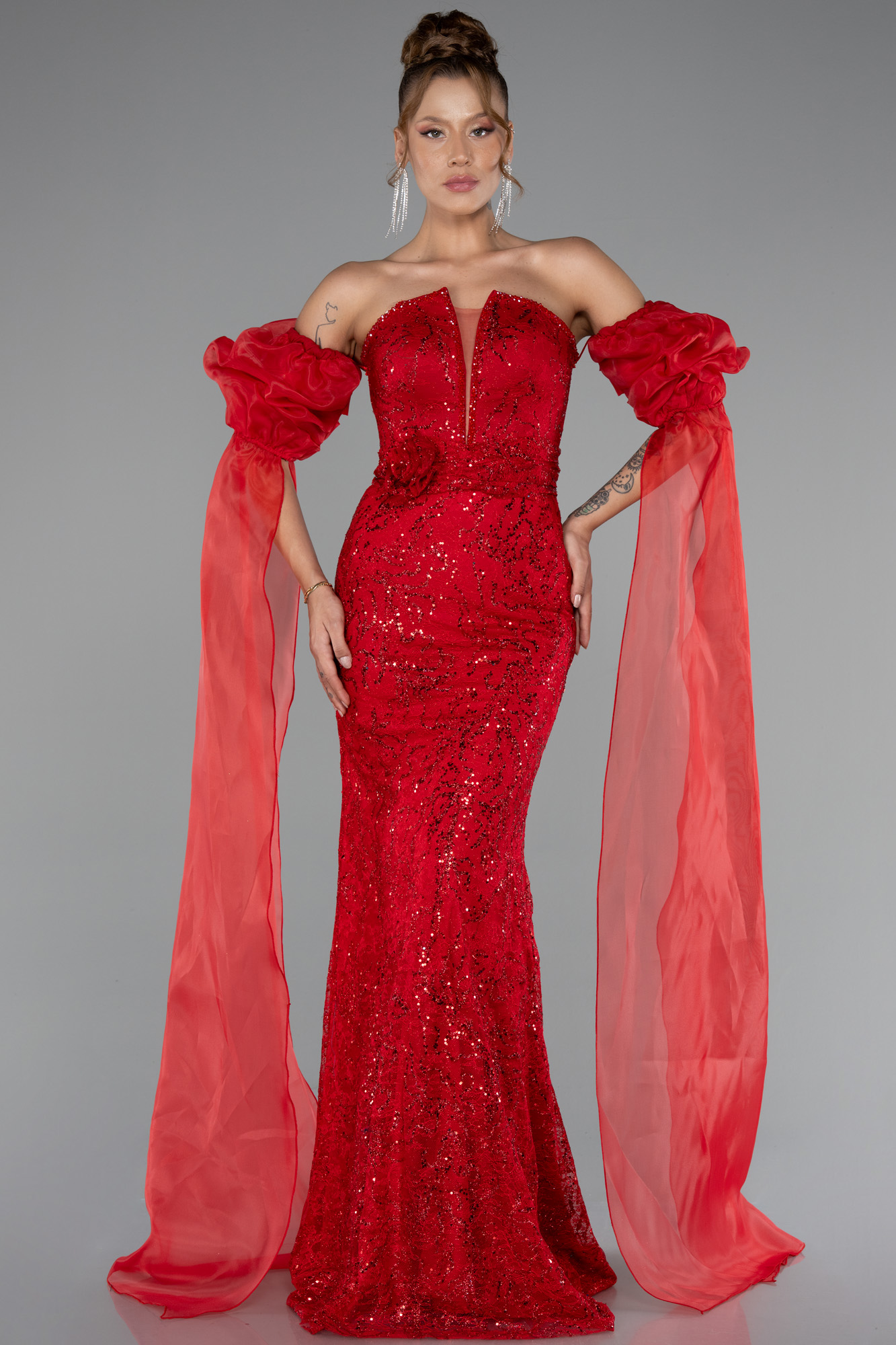 Kırmızı Straplez Uzun Dantel Özel Tasarım Abiye ABU5102