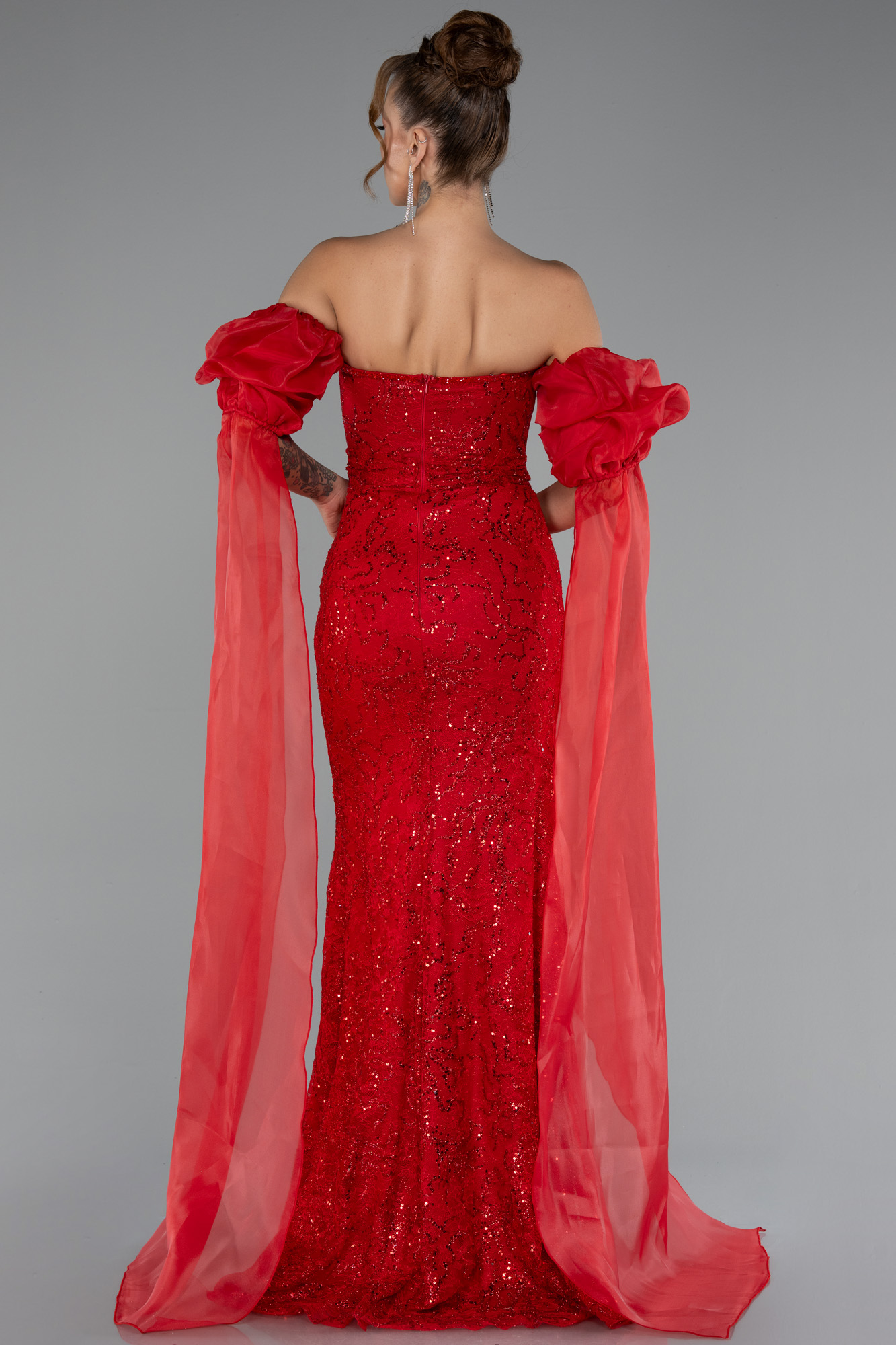 Kırmızı Straplez Uzun Dantel Özel Tasarım Abiye ABU5102 - Görsel 2