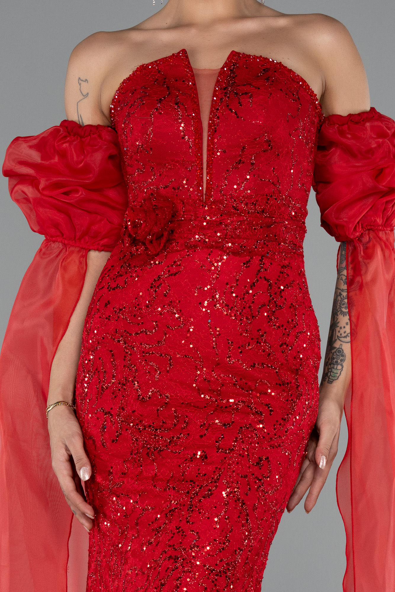 Kırmızı Straplez Uzun Dantel Özel Tasarım Abiye ABU5102 - Görsel 3