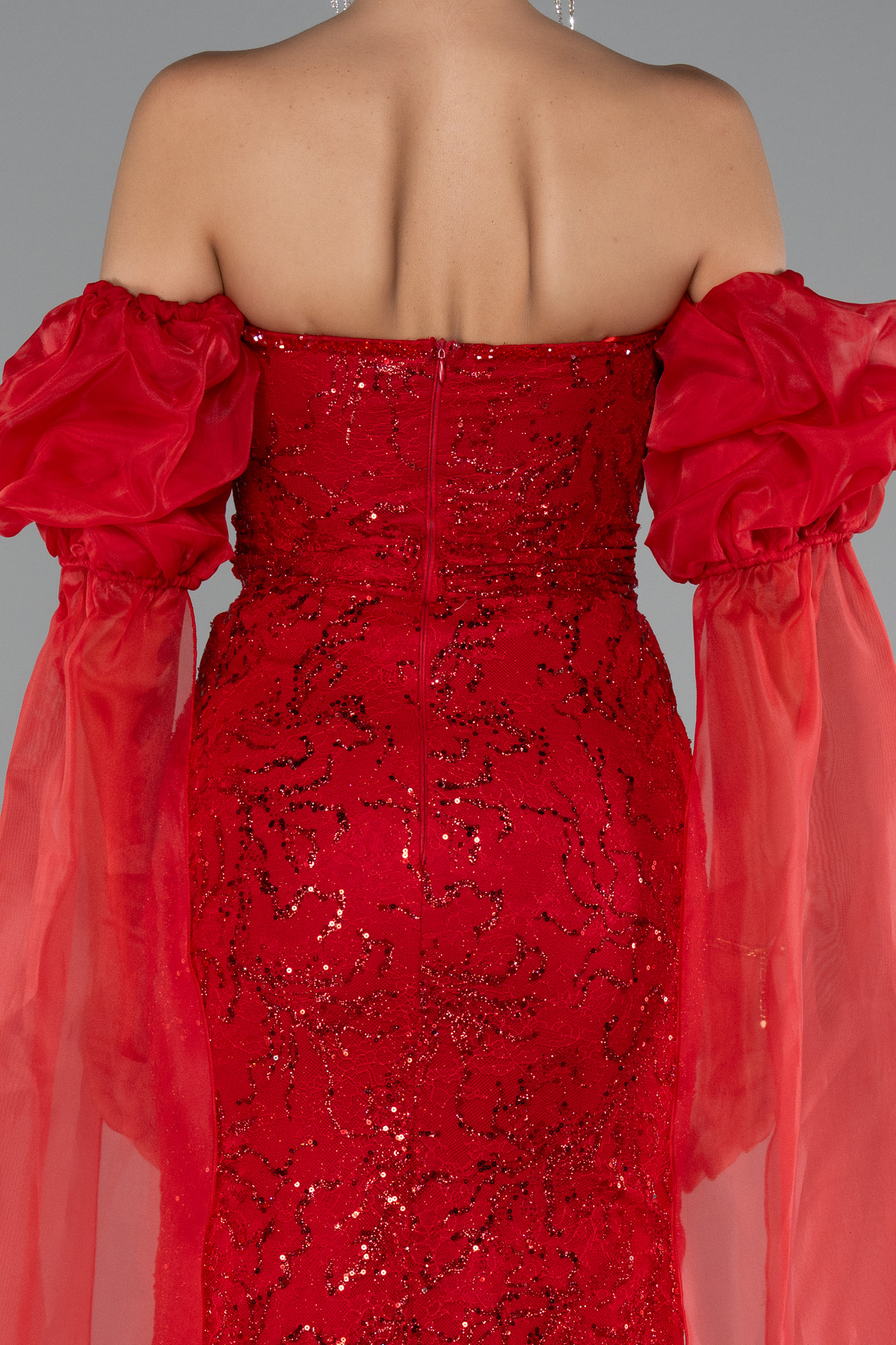 Kırmızı Straplez Uzun Dantel Özel Tasarım Abiye ABU5102 - Görsel 4