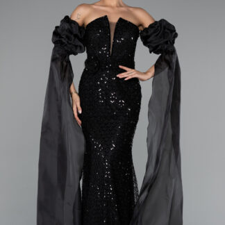 Siyah Straplez Uzun Pul Payet Özel Tasarım Abiye ABU5100