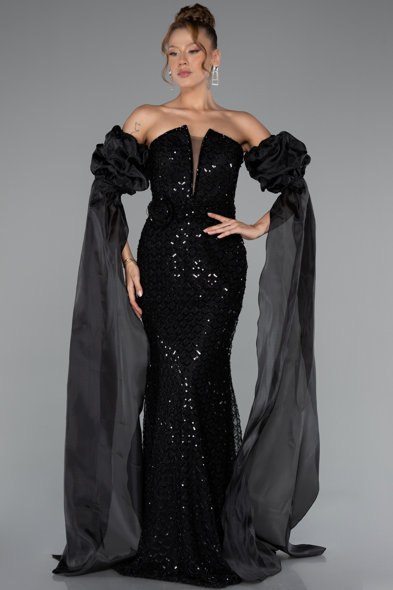 Siyah Straplez Uzun Pul Payet Özel Tasarım Abiye ABU5100