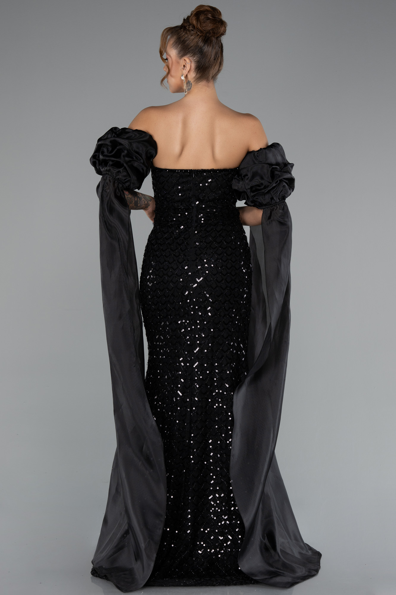 Siyah Straplez Uzun Pul Payet Özel Tasarım Abiye ABU5100 - Görsel 2