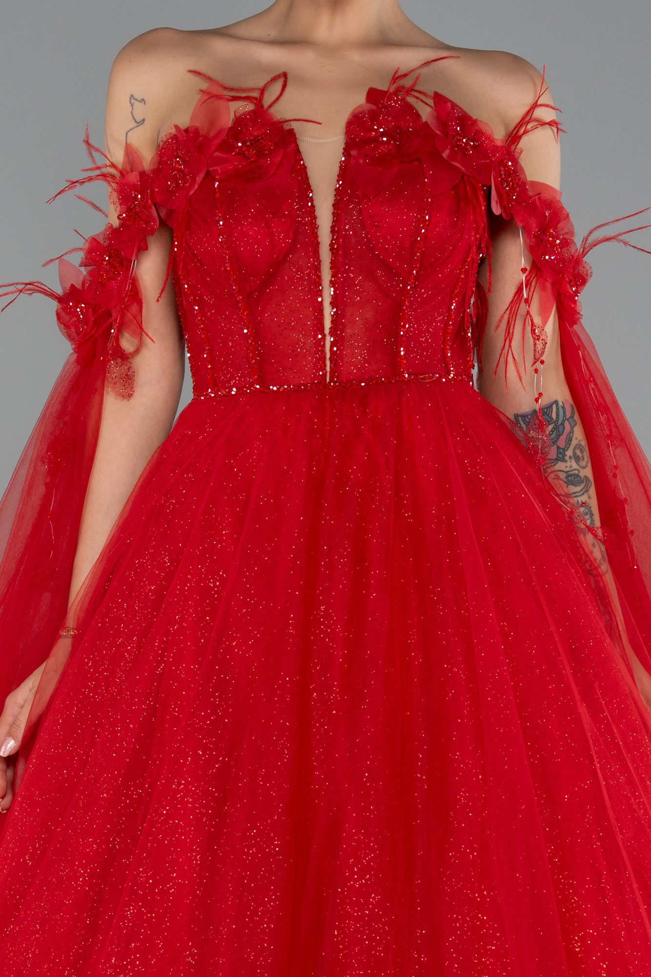 Kırmızı Çiçekli Kayık Yaka Uzun Simli Nişan Elbisesi ABU5101 - Görsel 5