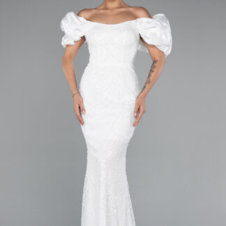 Ekru Kısa Kol Boncuklu Uzun Taşlı Balık Abiye ABU4509