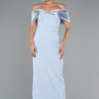 Buz Mavisi Kayık Yaka Taşlı Midi Davet Elbisesi ABK2212