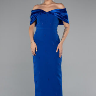 Saks Mavi Kayık Yaka Taşlı Midi Davet Elbisesi ABK2408