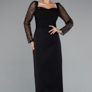 Siyah Pullu Uzun Kol Kare Yaka Midi Davet Elbisesi ABK2387