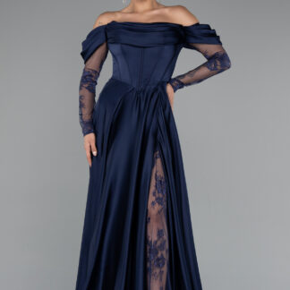 Lacivert Dantel Uzun Kol Kayık Yaka Saten Büyük Beden Abiye ABU5261