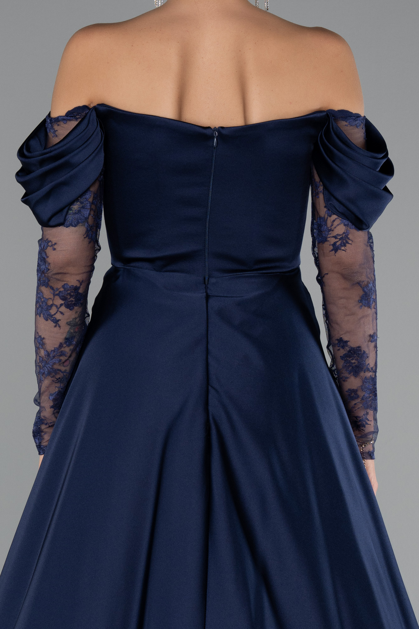 Lacivert Dantel Uzun Kol Kayık Yaka Saten Büyük Beden Abiye ABU5261 - Görsel 4