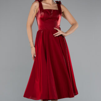 Bordo Kolsuz Kare Yaka Midi Saten Davet Elbisesi ABK2388