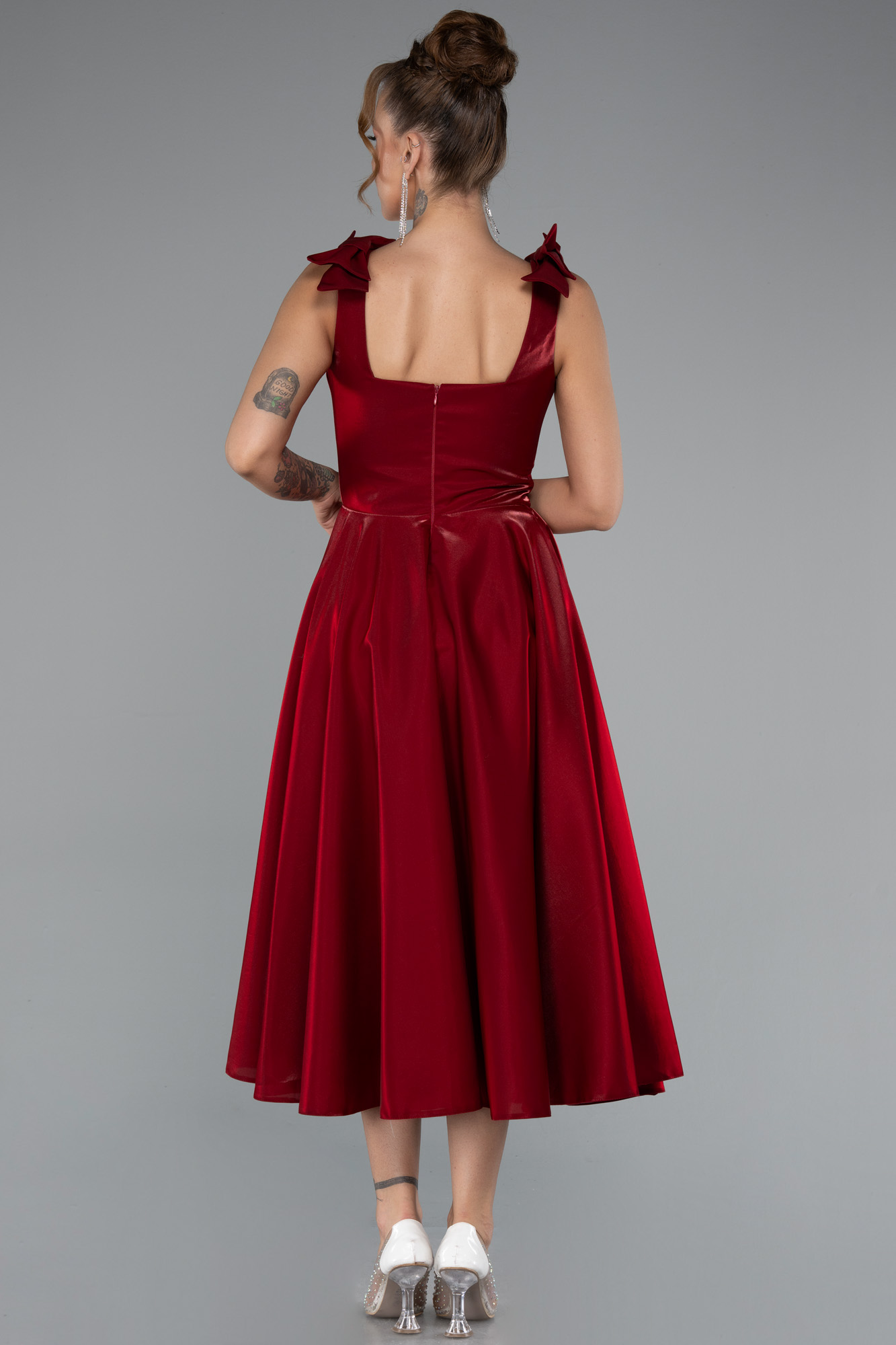 Bordo Kolsuz Kare Yaka Midi Saten Davet Elbisesi ABK2388 - Görsel 2