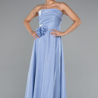 Buz Mavisi Straplez Midi Saten Davet Elbisesi ABK2363