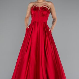 Kırmızı Straplez Uzun Saten Abiye Elbise ABU5105