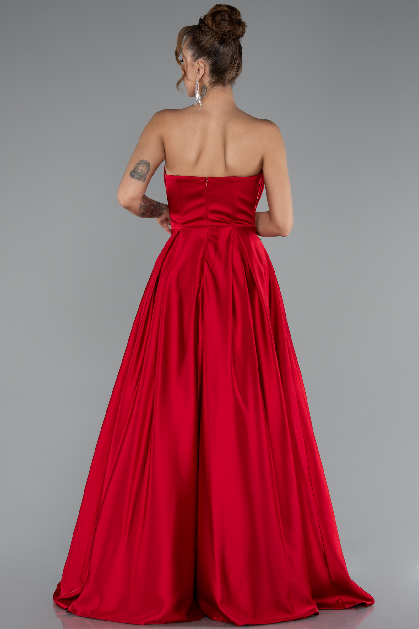 Kırmızı Straplez Uzun Saten Abiye Elbise ABU5105 - Görsel 2