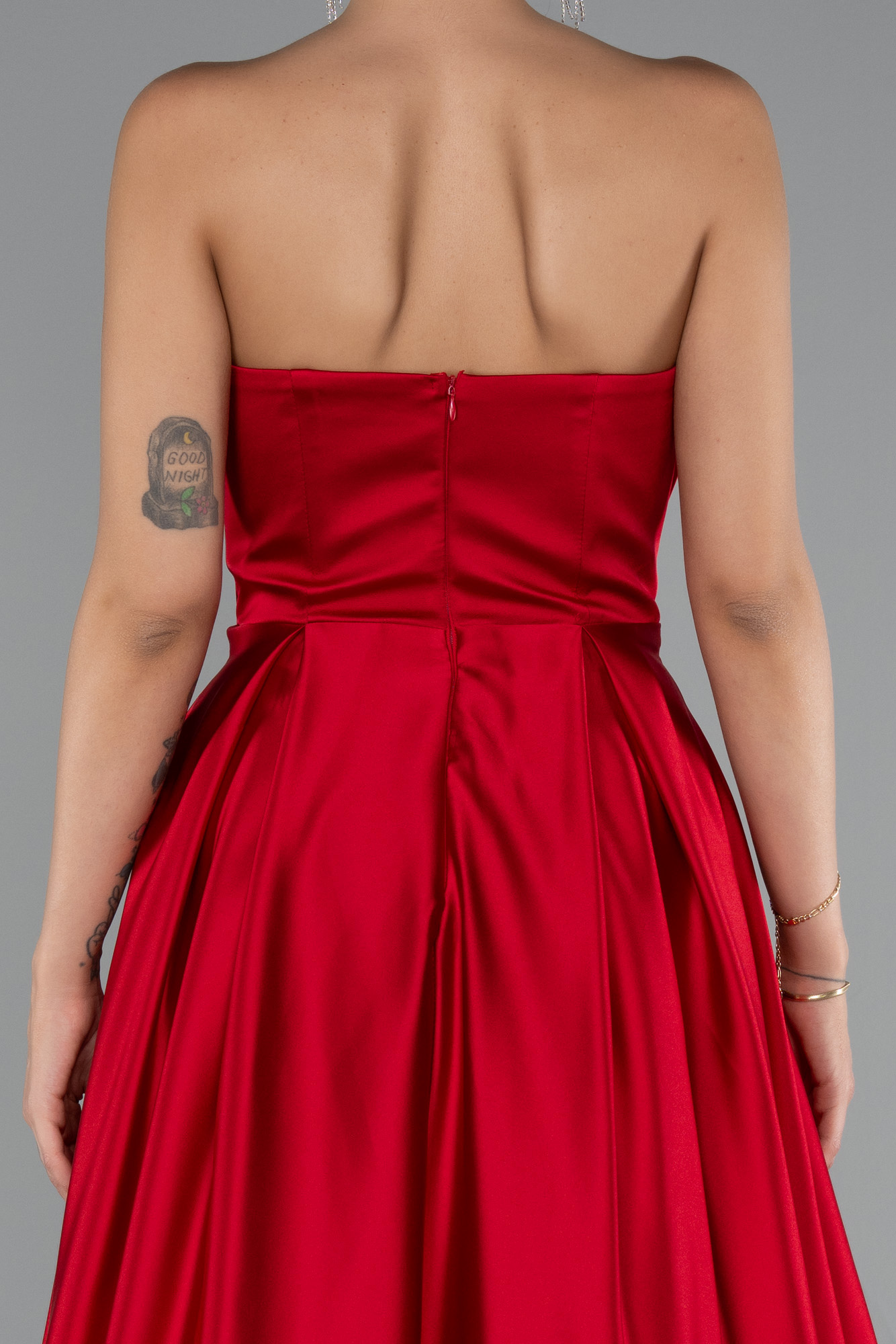 Kırmızı Straplez Uzun Saten Abiye Elbise ABU5105 - Görsel 4