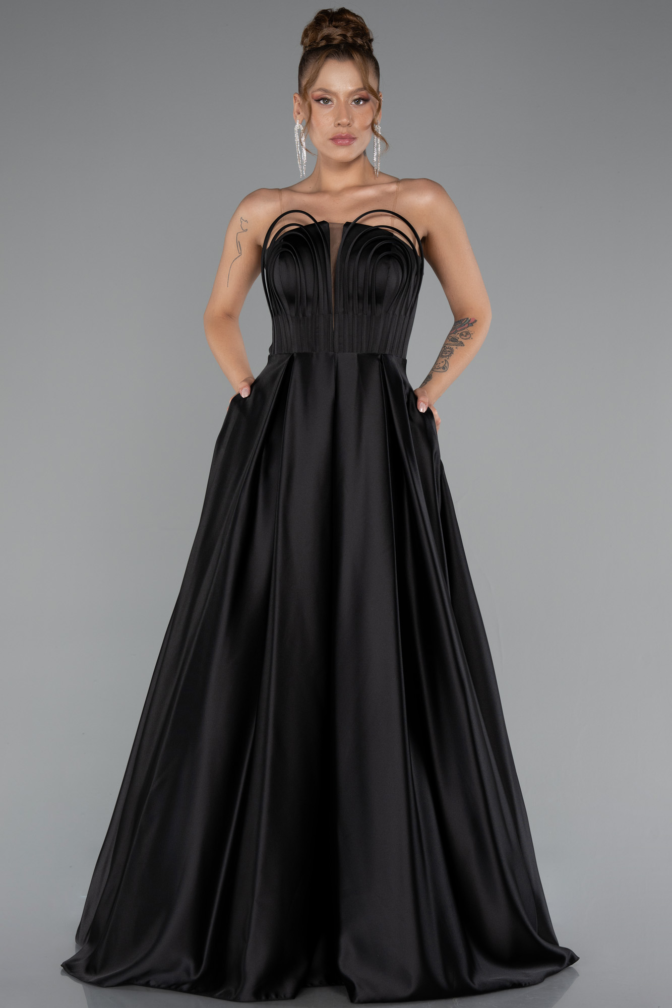 Kırmızı Straplez Uzun Saten Abiye Elbise ABU5105 - Görsel 5