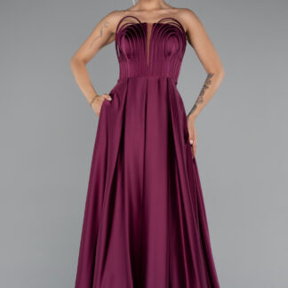 Vişne Straplez Uzun Saten Abiye Elbise ABU5105