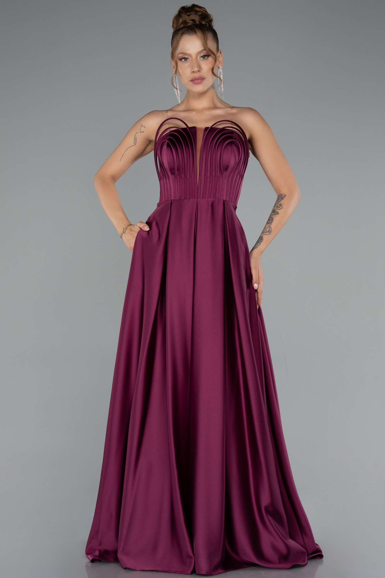 Vişne Straplez Uzun Saten Abiye Elbise ABU5105