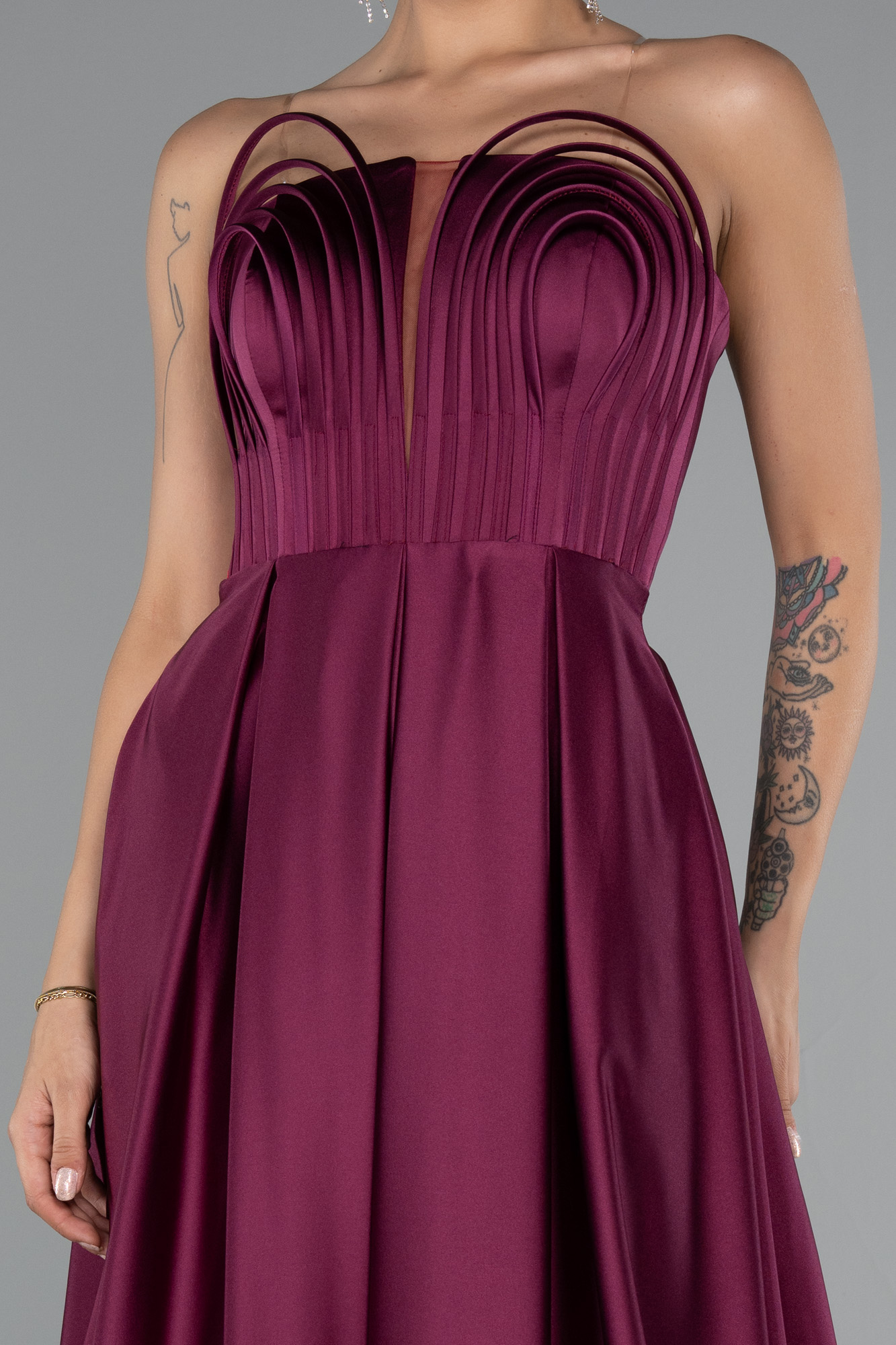 Vişne Straplez Uzun Saten Abiye Elbise ABU5105 - Görsel 3