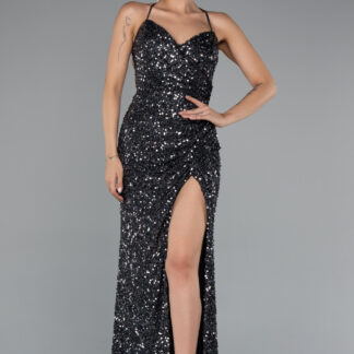 Antrasit Sırt Dekolteli Uzun Pullu Abiye Elbise ABU5106