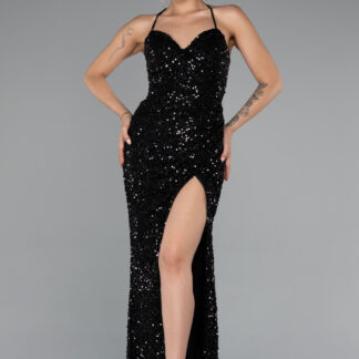 Siyah Sırt Dekolteli Uzun Pullu Abiye Elbise ABU5106