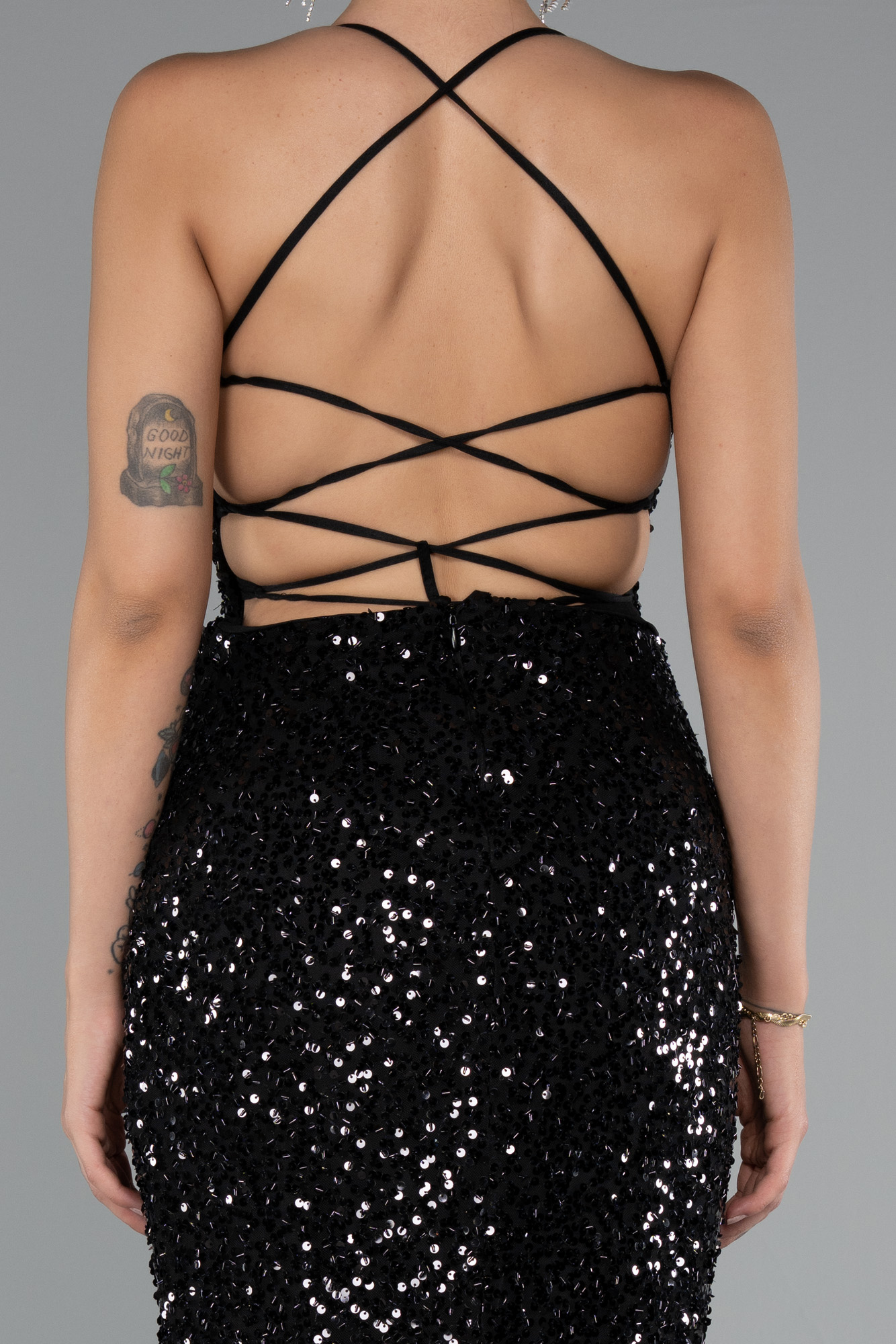 Siyah Sırt Dekolteli Uzun Pullu Abiye Elbise ABU5106 - Görsel 4