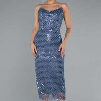 İndigo Straplez Midi Pullu Davet Elbisesi ABK2389