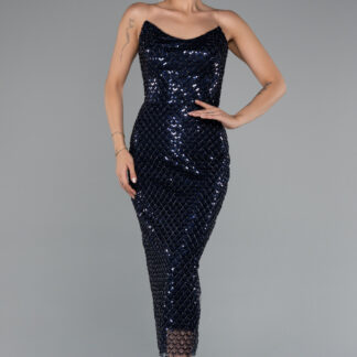 Lacivert Straplez Midi Pullu Davet Elbisesi ABK2389