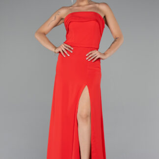 Kırmızı Straplez Bacak Dekolteli Uzun Şifon Abiye ABU5108