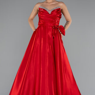Kırmızı Taşlı Straplez Yaka Uzun Saten Abiye ABU4991