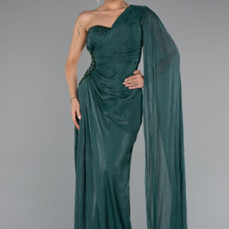 Zümrüt Yeşili Tek Omuz Yırtmaçlı Uzun Şifon Abiye ABU4978
