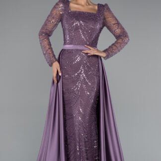 Lavanta Taşlı Uzun Kol Kare Yaka Saten Kuyruklu Abiye ABU5107