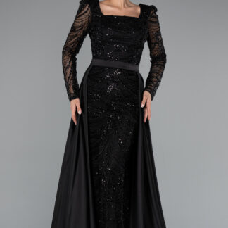 Siyah Taşlı Uzun Kol Kare Yaka Saten Kuyruklu Abiye ABU5107