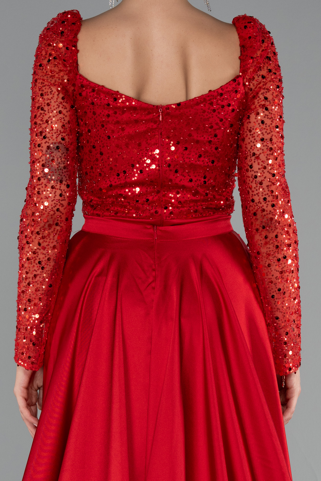 Kırmızı Pullu Uzun Kol Kuyruklu Saten Balık Abiye ABU4332 - Görsel 5