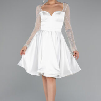 Ekru Taşlı File Uzun Kol Kısa Saten Davet Elbisesi ABK2390