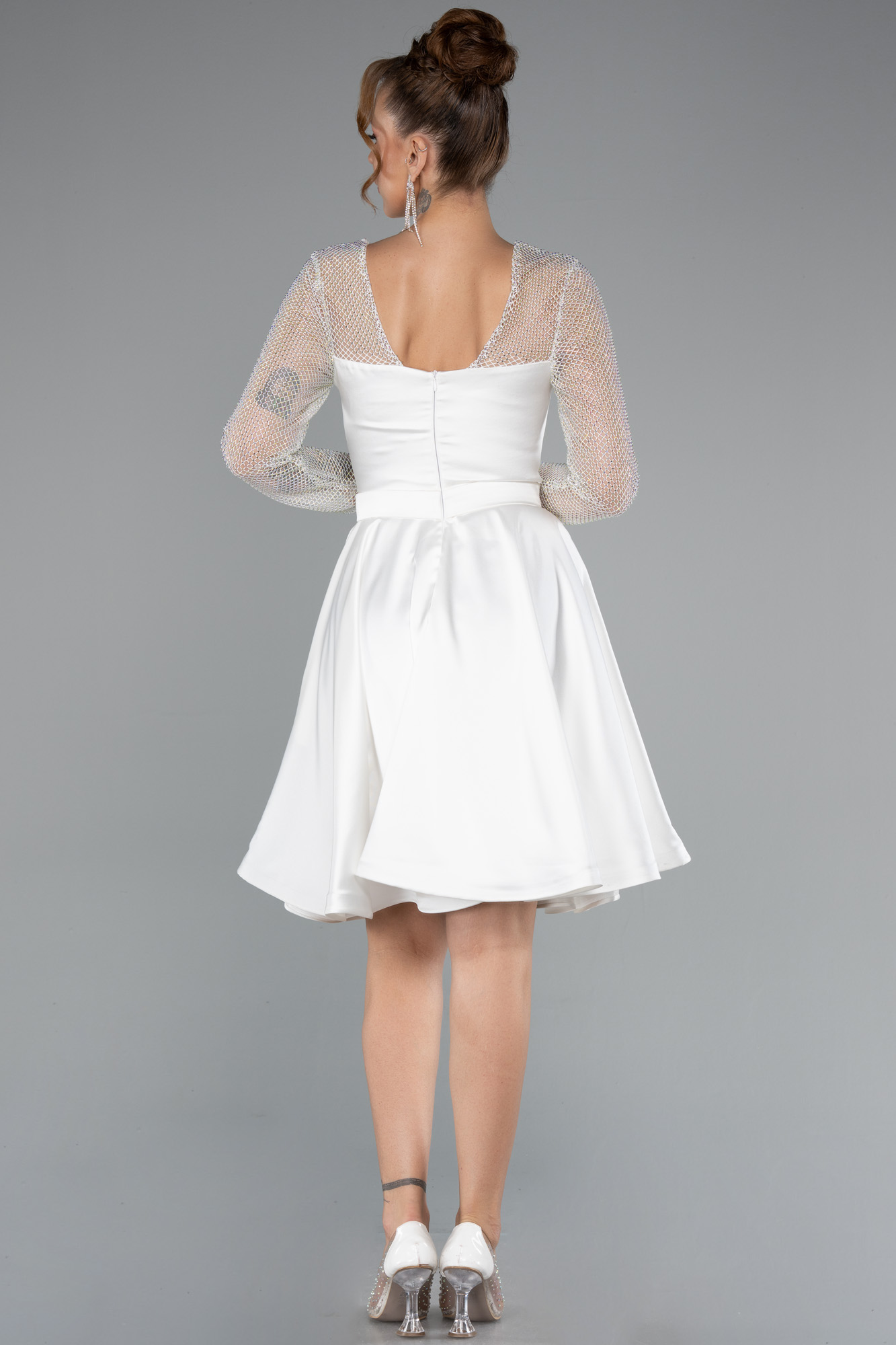 Ekru Taşlı File Uzun Kol Kısa Saten Davet Elbisesi ABK2390 - Görsel 2