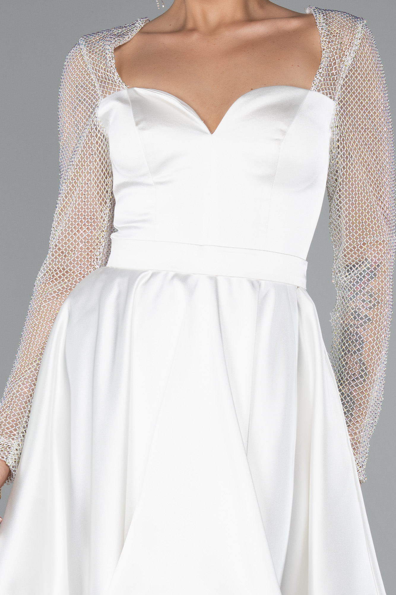 Ekru Taşlı File Uzun Kol Kısa Saten Davet Elbisesi ABK2390 - Görsel 3