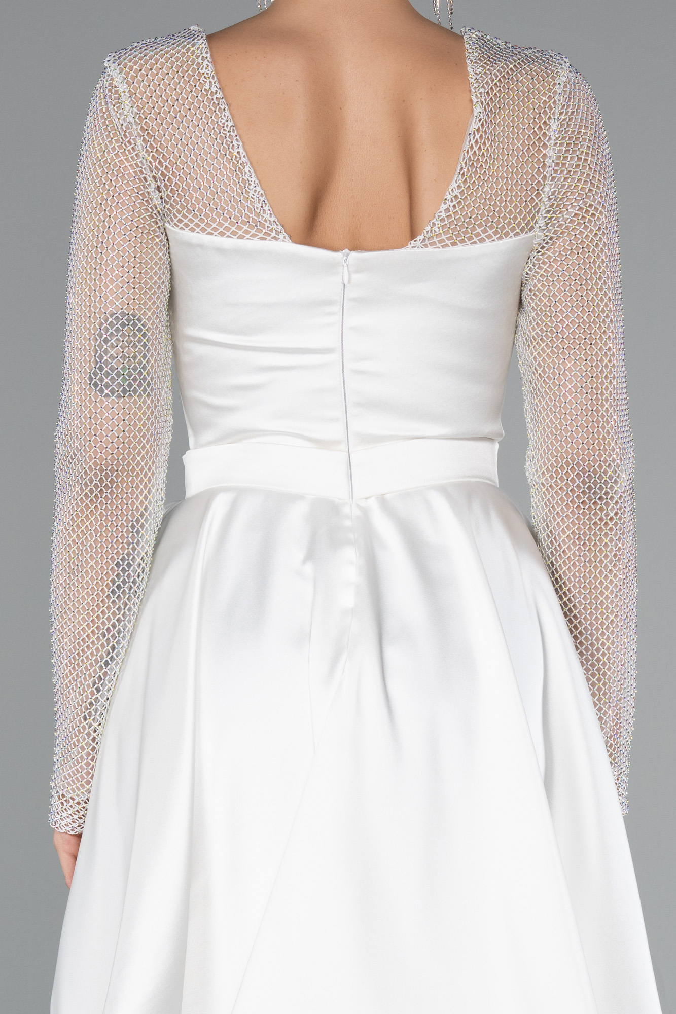 Ekru Taşlı File Uzun Kol Kısa Saten Davet Elbisesi ABK2390 - Görsel 4