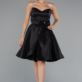 Siyah Straplez Kısa Saten Davet Elbisesi ABK2393