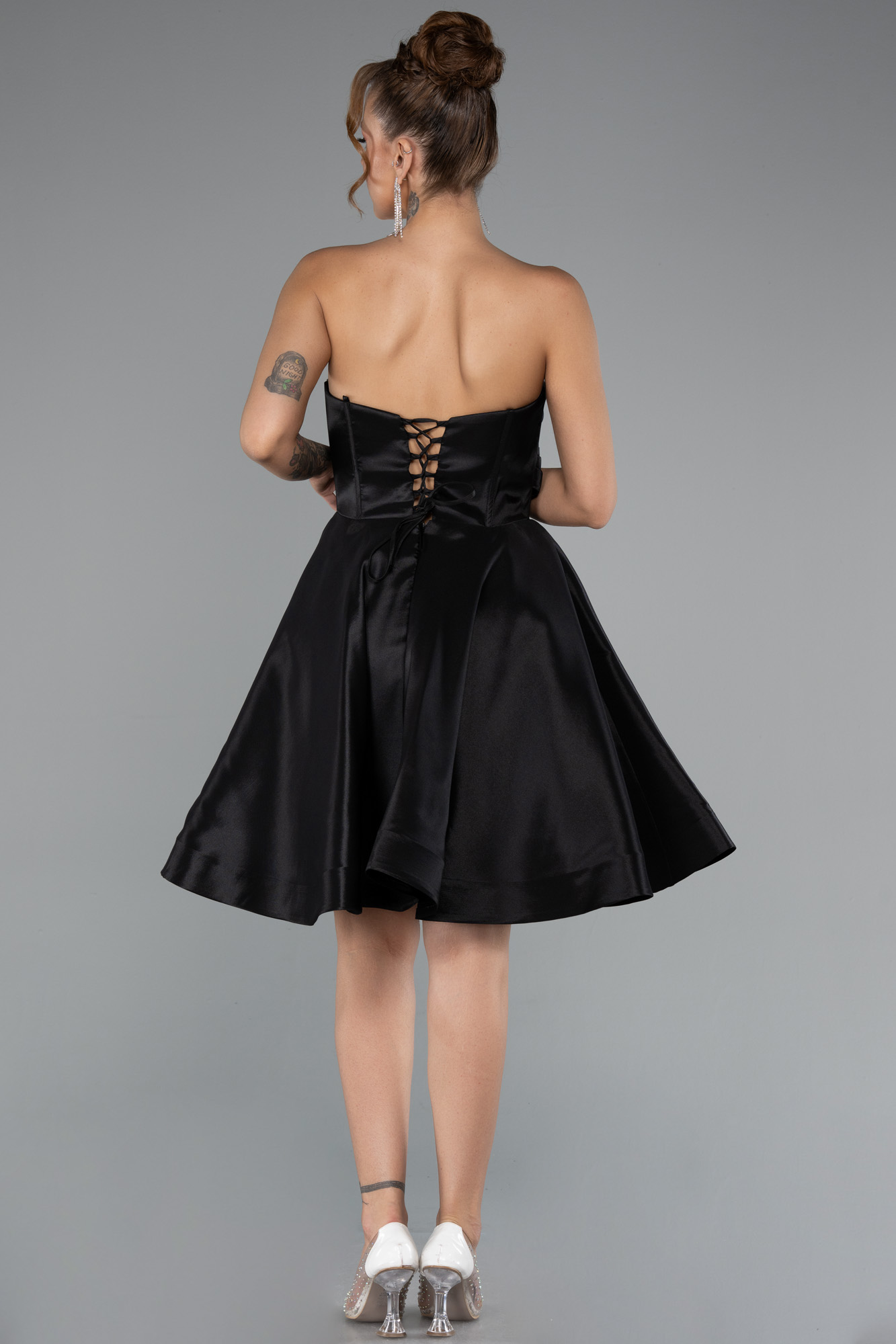 Siyah Straplez Kısa Saten Davet Elbisesi ABK2393 - Görsel 2